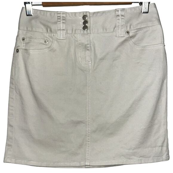 Ann Taylor LOFT Women's Beige Cotton Stretch 3 Button & Zip Front Mini Skirt - Picture 1 of 4